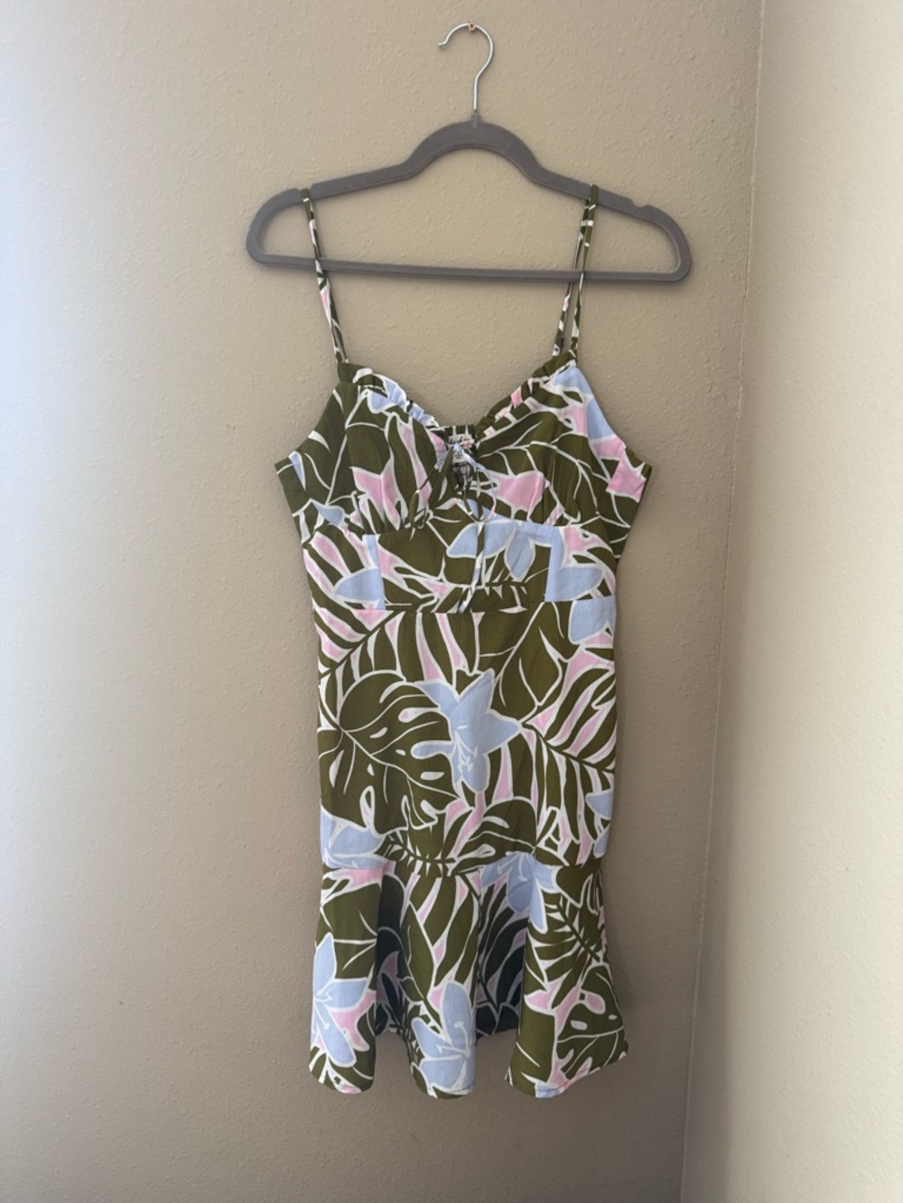Derek Heart Olive Green Tropical Print Mini Dress with Pink & Light Blue Accents